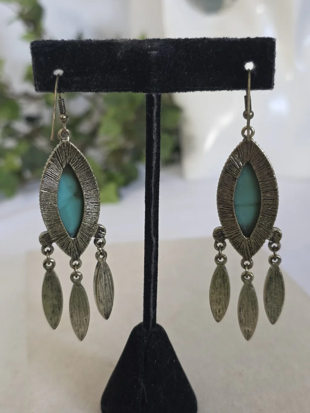 Stony Boho Turquoise Chandelier Dangle Earrings Antique Brass Southwest